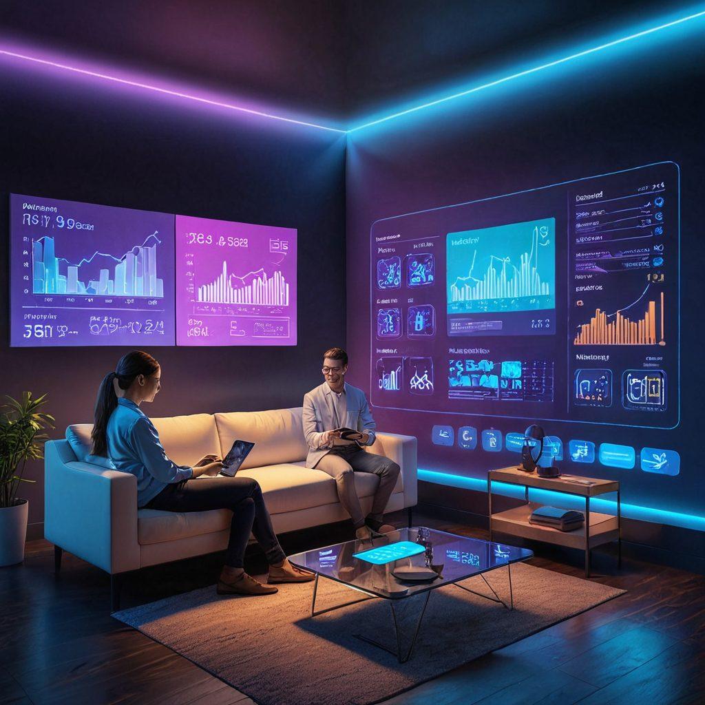 A modern living room with a sleek, futuristic design featuring transparent touch screens displaying various mortgage calculator interfaces. The room is illuminated with soft ambient lighting, giving a high-tech feel. A happy couple is seen interacting with the screens, focused and engaged. Include financial graphs and charts as holograms floating in the air. super-realistic, vibrant colors, 3D, futuristic.